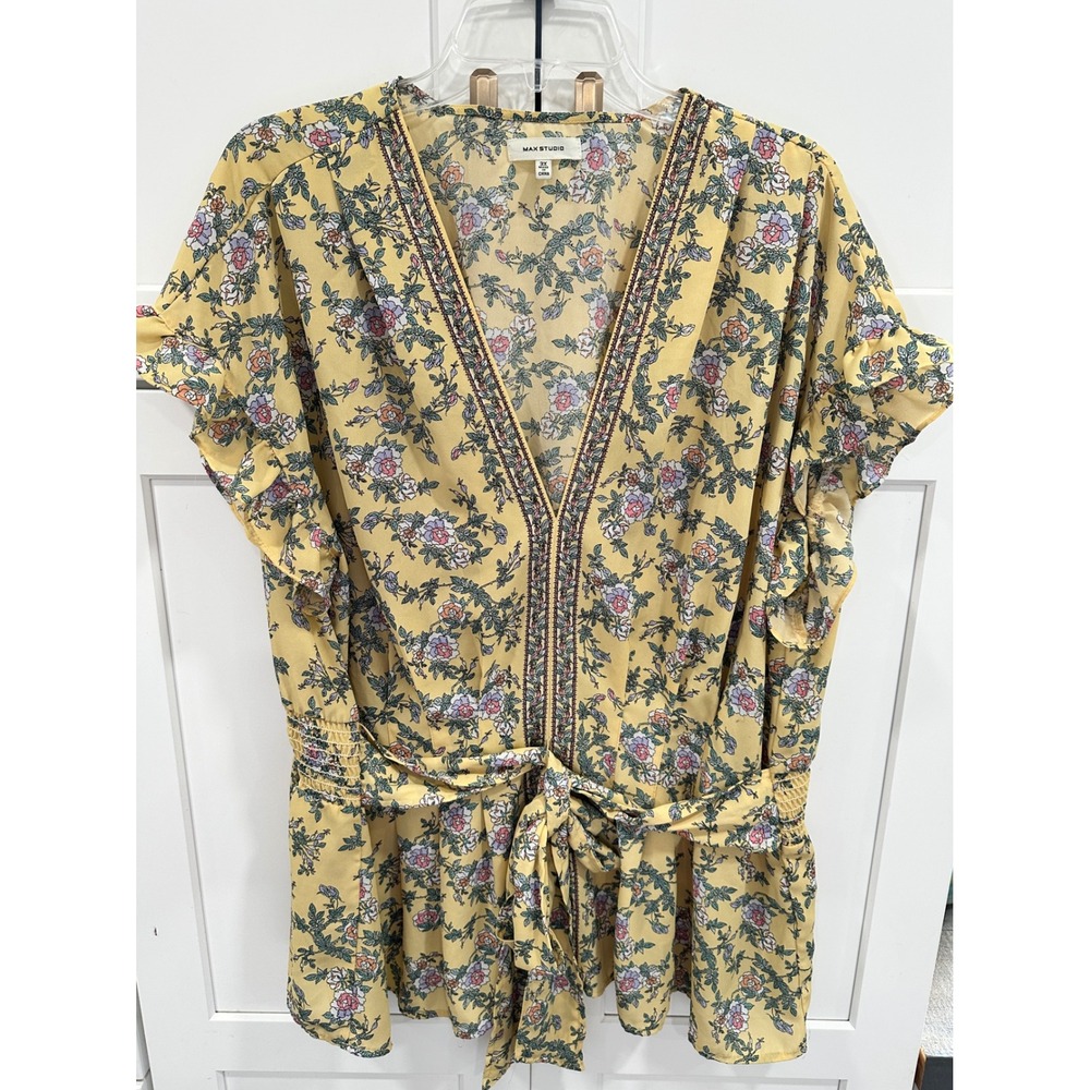 Max Studio‎ Womens 3X Yellow Floral V-Neck Ruffle Sleeve Tie Waist Blouse